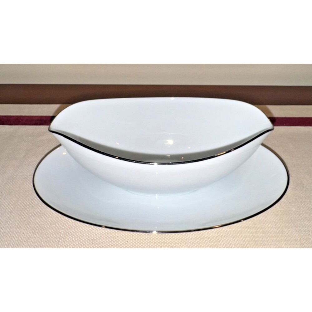 Noritake 5932 Colony Gravy Boat w/ Attached Underplate White with Platinum Trim